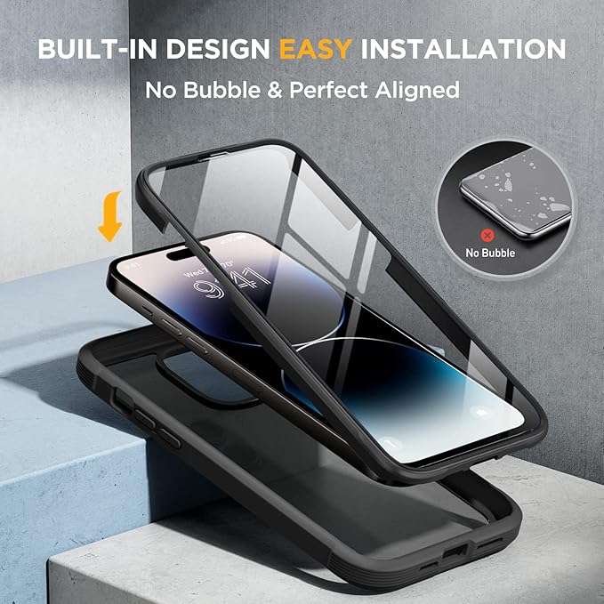 Miracase Glass Series Designed for iPhone 14 Pro Case 6.1 Inch, Upgrade Full-Body Bumper Case with Built-in 9H Tempered Glass Screen Protector, with Camera Lens Protector, Matte Black