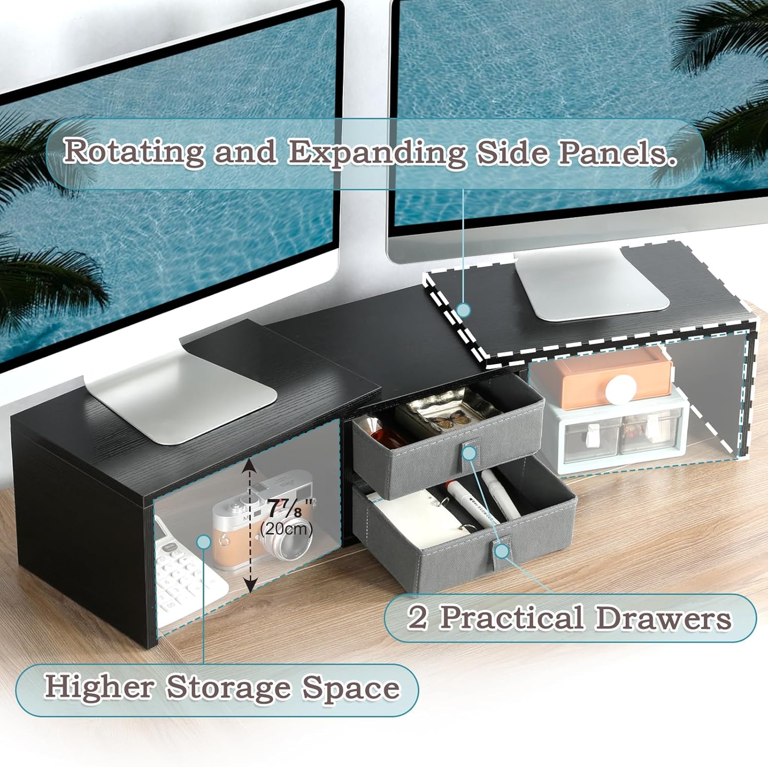 TEAMIX Dual Monitor Stand Riser with 2 Drawers-Length and Angle Adjustable 3 shelf Monitor Riser with Storage Desk Organizer Large Computer Monitor Stand for 2 Monitors/Laptop/PC,Wood Screen/TV Stand