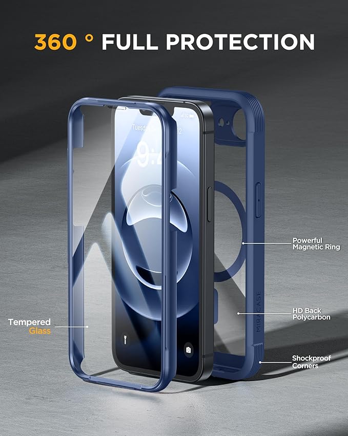 Miracase Magnetic for iPhone 16e Case Full-Body Phone with Built-in Glass Screen Protector, [Compatible with MagSafe] Military Drop Proof 16E Cover Bumper 6.1 inch, Blue