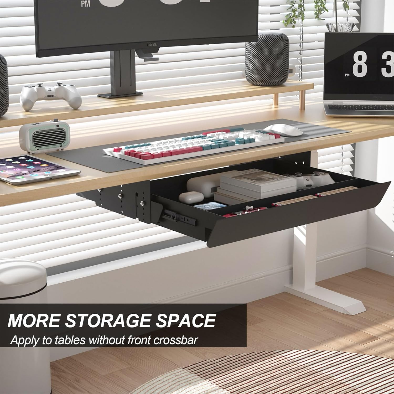 Under Desk Mounted Sliding Pull-Out Drawer Height Adjustable Apply to Tables with Front Crossbar,Adjustable Clearance Up to 3.5",Compatible with Most Stand Up Workstation