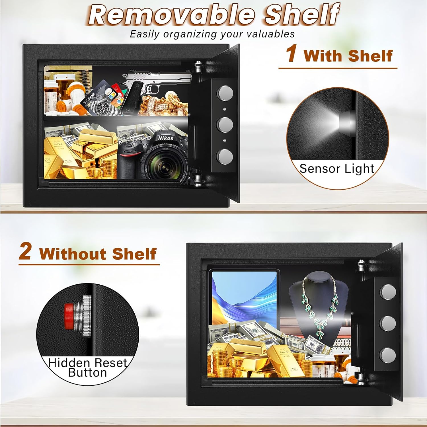 Smal Safe for Home, Home Safe Box With Programmable Keypad and Removable Shelf, Anti-Theft Digital Safety Box for Money Firearm Medicines Valuables, 13.8"W x 9.8"D x 9.8"H