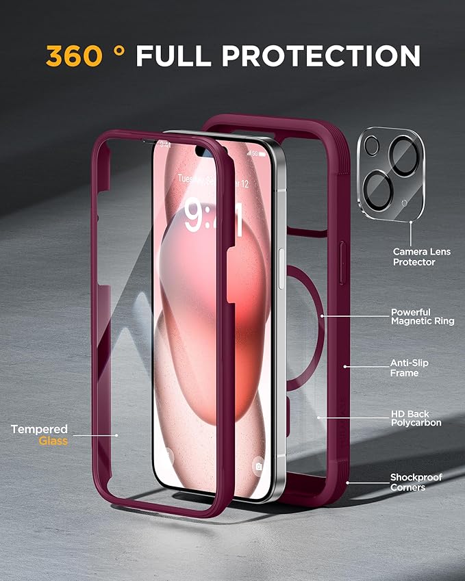 Miracase Glass Series for iPhone 15 Case [Compatible with MagSafe] Full-Body Magnetic Case with Built-in 9H Tempered Glass Anti-Fingerprint Screen Protector + Camera Lens Protector, Wine Red