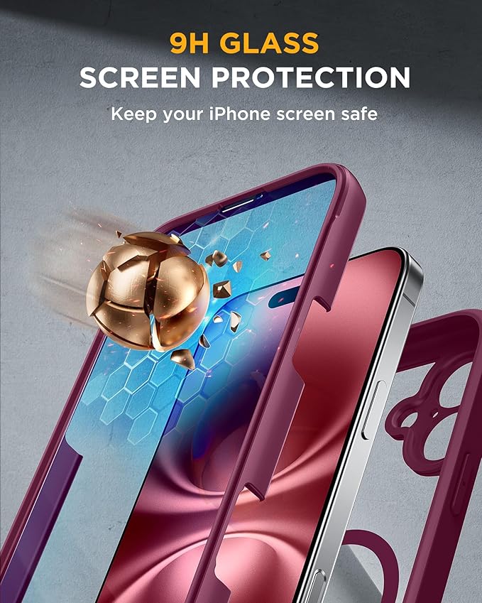Miracase for iPhone 16 Case 6.1'', [Bubble Free] Full-Body Bumper Phone case with Built-in Full Glass Screen &Lens Protector,No Gap,Compatible with MagSafe,Drop Proof 16 Cover, Plum