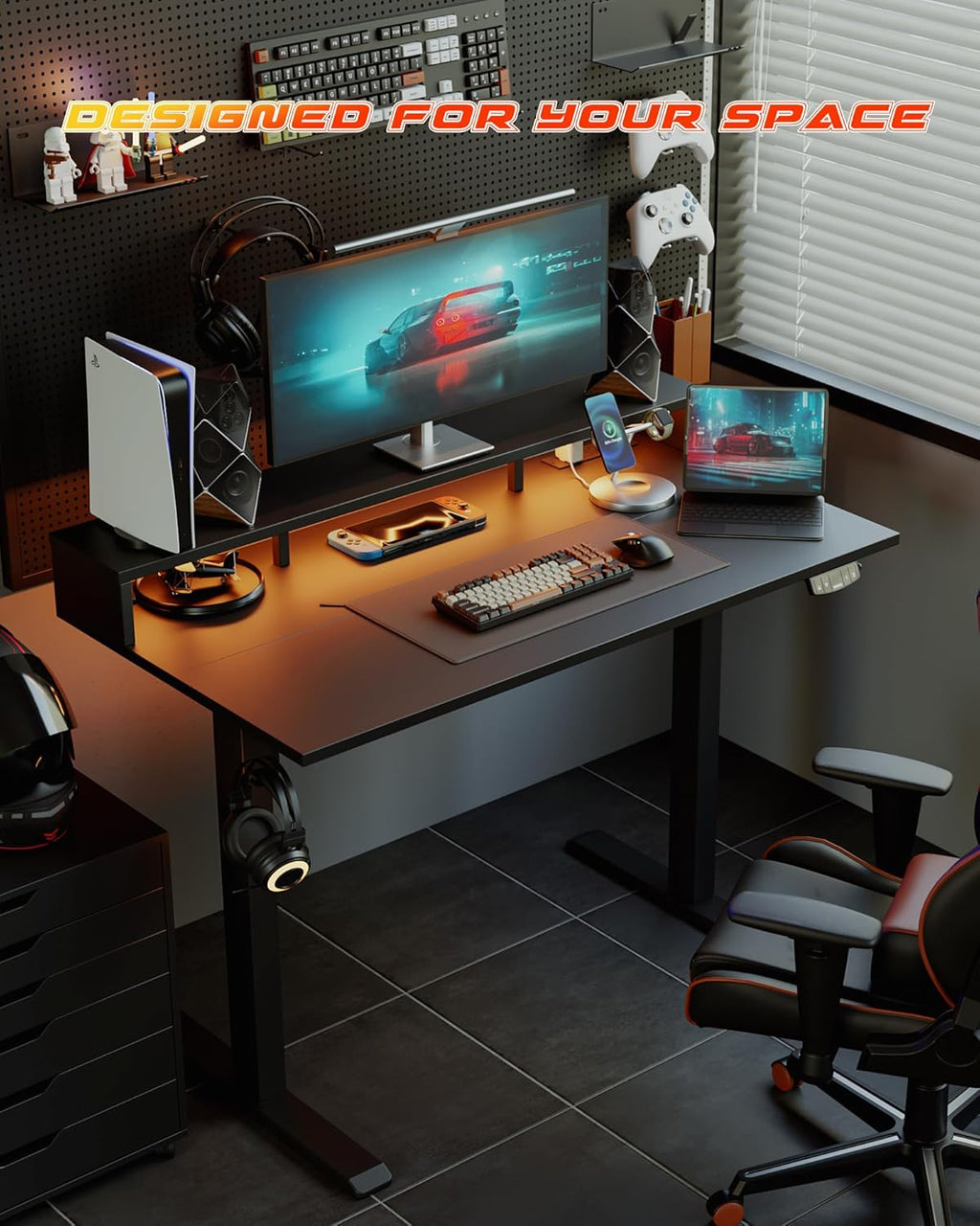 Electric Height Adjustable Standing Desk with Power Outlet and LED Light Strip, Sit to Stand, Ergonomic 48x24 Rising Desk with Memory Presets, Home Office Workstation, Computer Gaming Table, Black