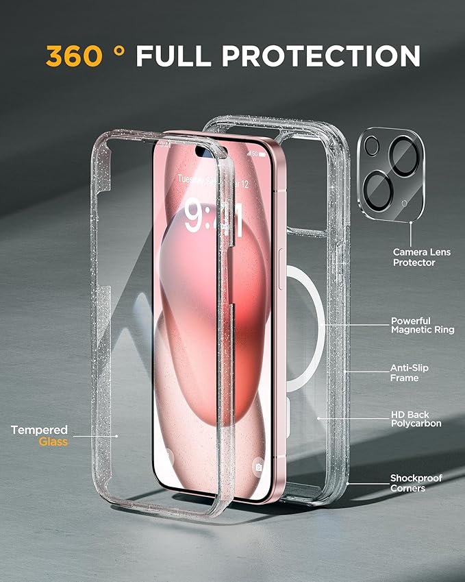 Miracase Glass Series for iPhone 15 Case [Compatible with MagSafe] Full-Body Magnetic Case with Built-in 9H Tempered Glass Anti-Fingerprint Screen Protector + Camera Lens Protector, Clear Glitter