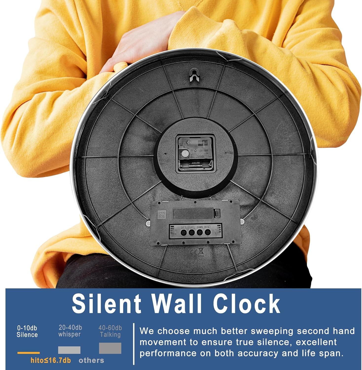 HITO 16 Inch Silent Wall Clock Battery Operated with Temperature and Date, Large Wall Clock for Living Room Decor, Office, Classroom, Bedroom