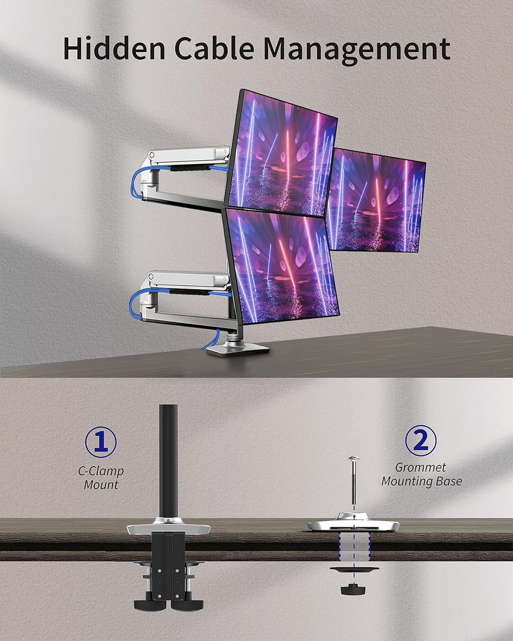 Triple Monitor Mount, Holds Screens up to 40 Inches and 25 lbs, Fully Adjustable 3 Monitor Desk Mount with C-Clamp and Grommet Base, Aluminum, Silver