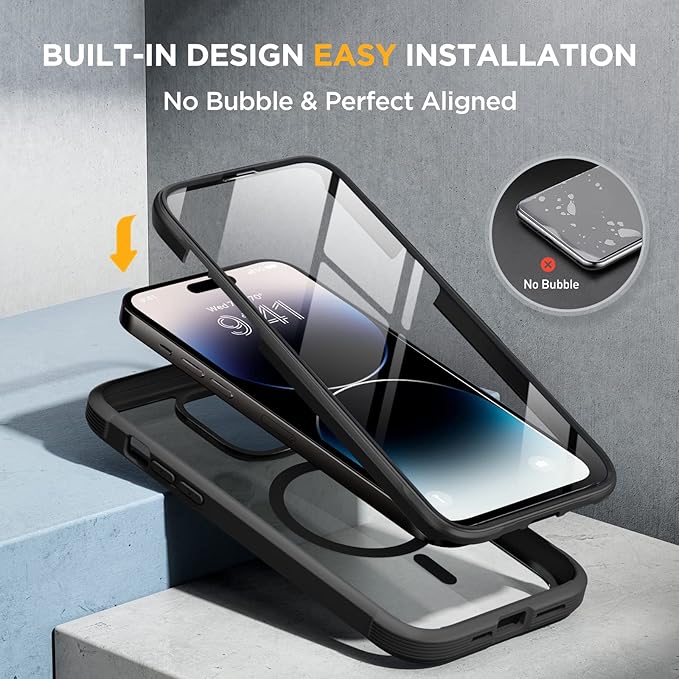 Miracase Magnetic for iPhone 14 Pro Case 6.1 inch, (Compatible with MagSafe) Upgrade Full-Body Clear Phone Bumper Case with Built-in 9H Tempered Glass Screen Protector, Magnetic Classic Black