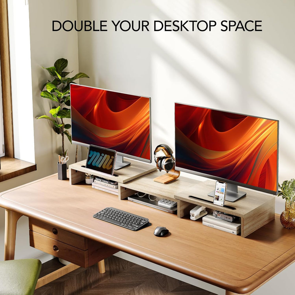 AMERIERGO Dual Monitor Stand Riser- 3 Shelf Screen Stand with Adjustable Length and Angle, 2 Extra Functional Slot Desktop Organizer Stand for PC, Computer, Laptop (Light Wood)