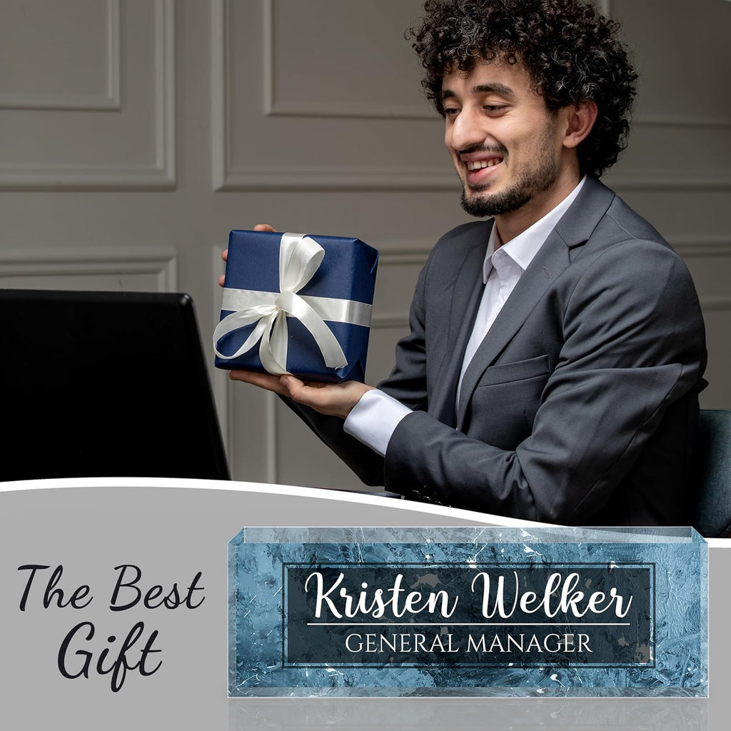 Personalized Name Plate for Desk - Custom Engraved Name Plates for Man - Boss Day Gifts for Boss - Acrylic Office Decor Appreciation Gifts for Teacher Nurse Coworker Social Worker (Blue)