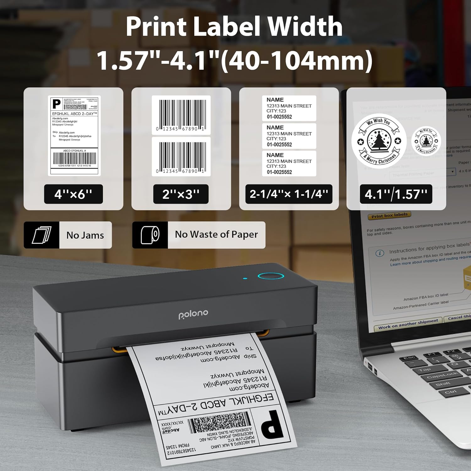 POLONO Bluetooth Thermal Shipping Label Printer, Wireless 4x6 Shipping Label Printer for Small Business, Support iOS, Android, Windows and Mac, Compatible with Amazon, Ebay, Shopify, Etsy, USPS(Brown)