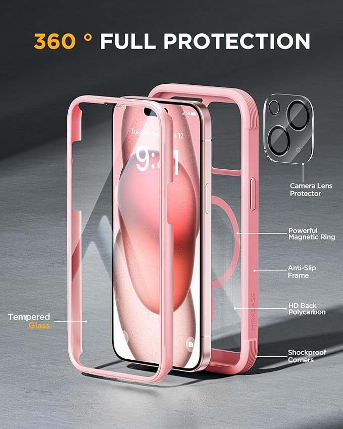 Miracase Glass Series for iPhone 15 Case [Compatible with MagSafe] Full-Body Magnetic Case with Built-in 9H Tempered Glass Anti-Fingerprint Screen Protector + Camera Lens Protector, Pink and Clear