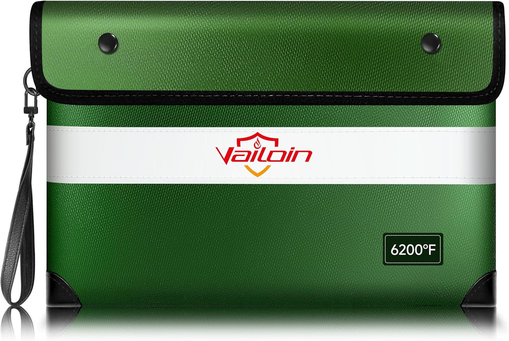 Vailoin Fireproof Money Bag for Cash, 6200℉ Insulated Fire and Waterproof Document Pouch with Water Resistant Zipper,Fireproof Envelopes for Important Documents, Valuables (11"x7.7",Green)