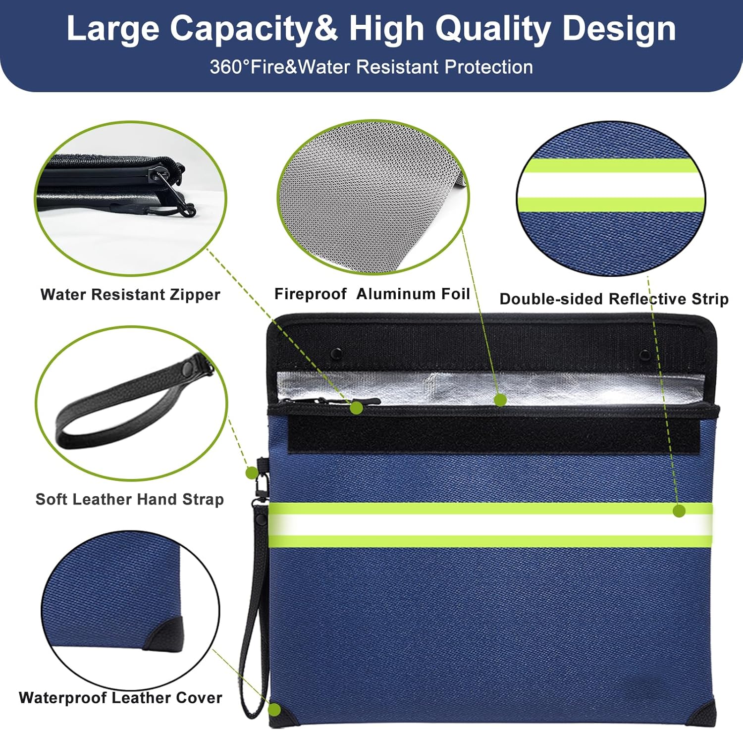 Upgraded Fireproof Money Bag with Lock,6500°F 10 Layers of Heat Insulated Materials Waterproof Zipper/Reflective Strip,Handle for Cash/Important Documents（Not Suitable for A4 Files）