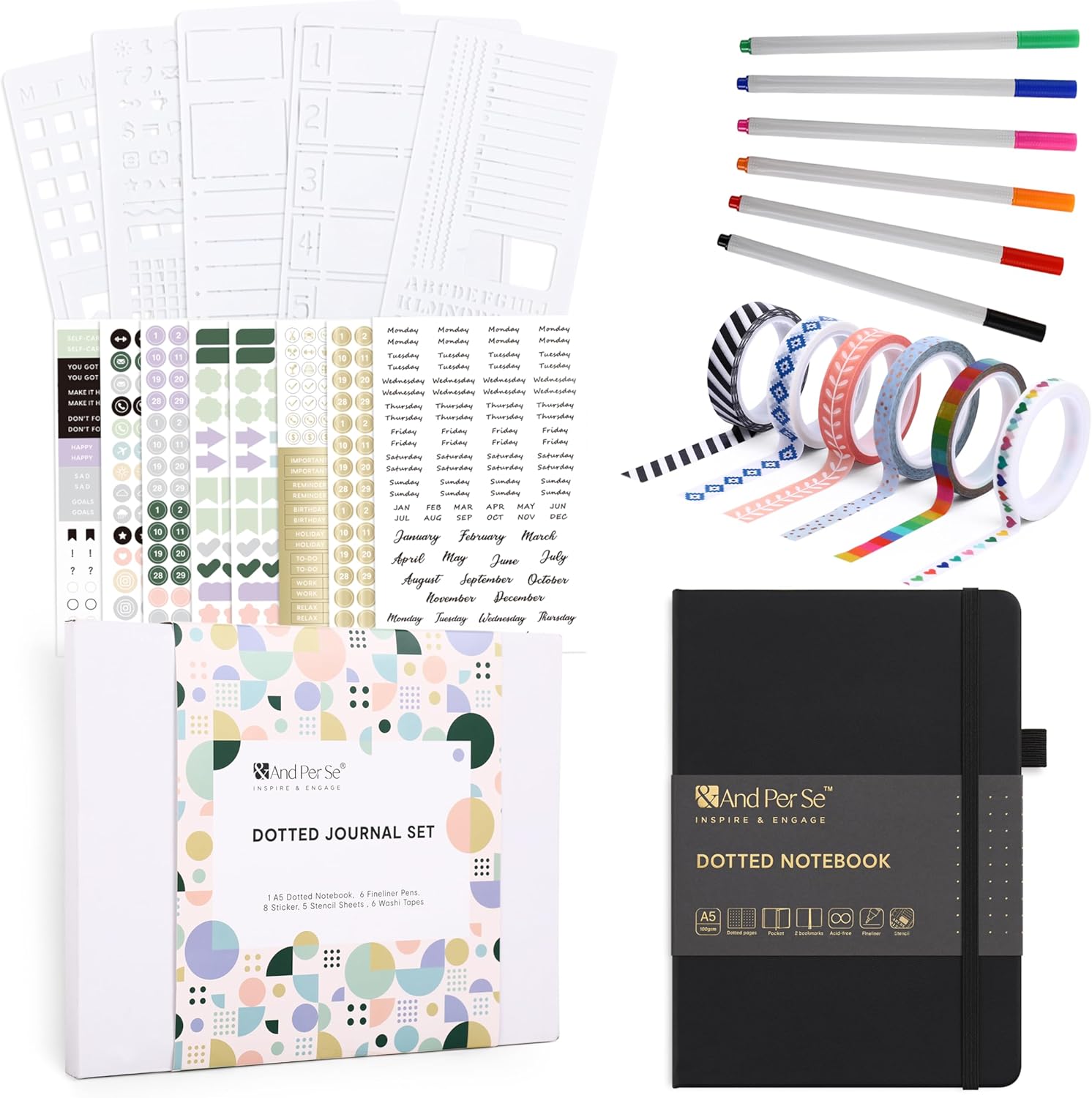 &And Per Se Dotted Journal Notebook Set, A5 Hardcover Dotted Journal (Black), 6 Fineliner Pens, 8 Sticker, 5 Stencil Sheets & 6 Washi Tapes, Journaling Supplies for Planner Schedule