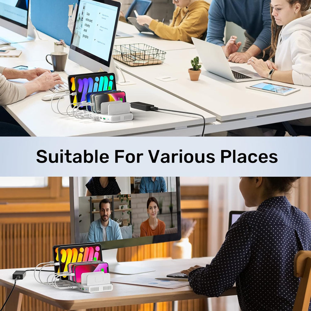 Alxum USB Fast Charging Station with Quick Charge 3.0, 60W 10 Port Charging Stand for Multiple Devices, Compatible with iPad, iPhone, Samsung Galaxy, White