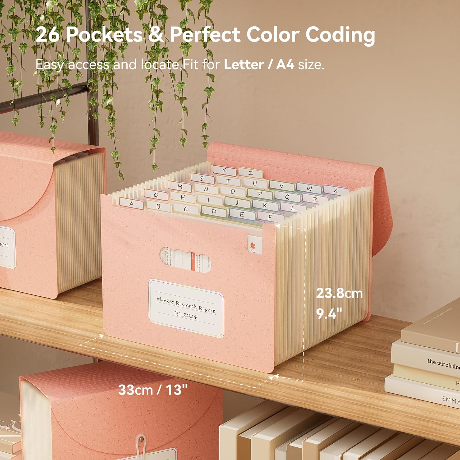 Accordion File Organizer, 26 Pockets Wheat Straw Expanding File Folder, Monthly Bill Receipt Organizer,A-Z Tabs,100% BPA Free,Return to Nature Healthy Living,Letter/A4 Size - Strawberry Pink