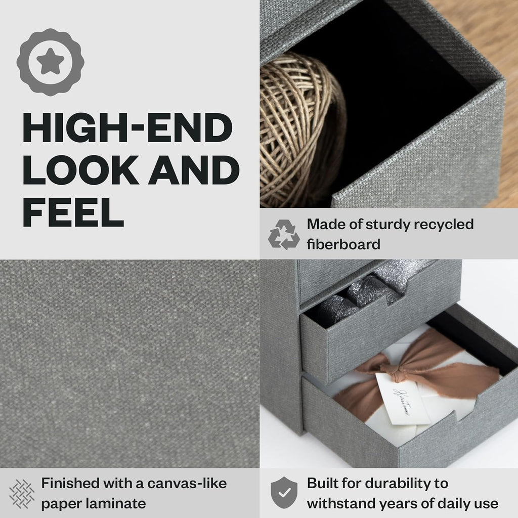 Bigso Box of Sweden Ingrid 3-Drawer Canvas Fiberboard Desk Organizer for Office Supplies and Accessories - Stackable Makeup Drawer Organizer - 6.3in x 9.9in x 8.1in - Grey