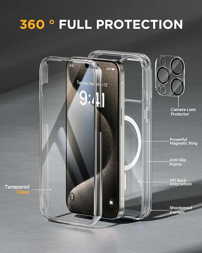 Miracase Magnetic for iPhone 15 Pro Max Case 6.7'' [Compatible with Magsafe] Full-Body Drop Proof Bumper Phone Case for iPhone 15 Pro Max with Built-in 9H Tempered Glass Screen Protector,Clear