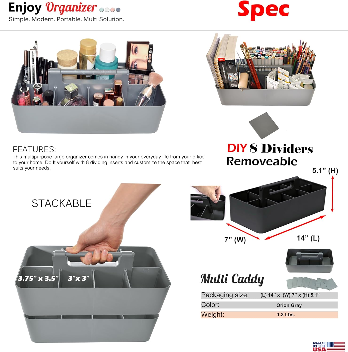 -Large Portable Caddy, DIY Dividers, 8 Compartments, School Office Supplies Home Business Organizer,Portable Basket with Handle Storage Made in USA (6 PACK, Orion Gray)