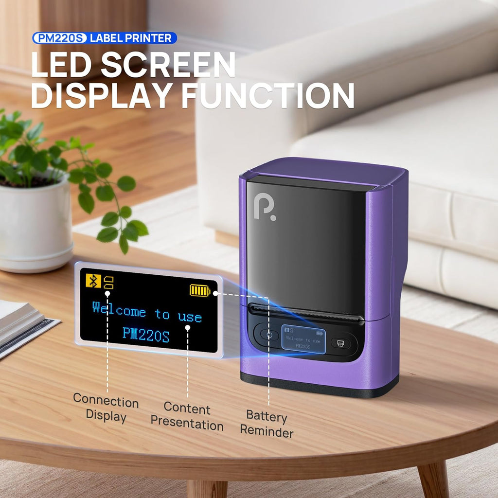 POLONO PM220S Label Maker Machine with Tape, 2 Inch Bluethooth Portable Thermal Label Printer for Small Business, Office, Home, Address, Logo Label, Sticker Printer for Phone/Tablet/PC, Purple