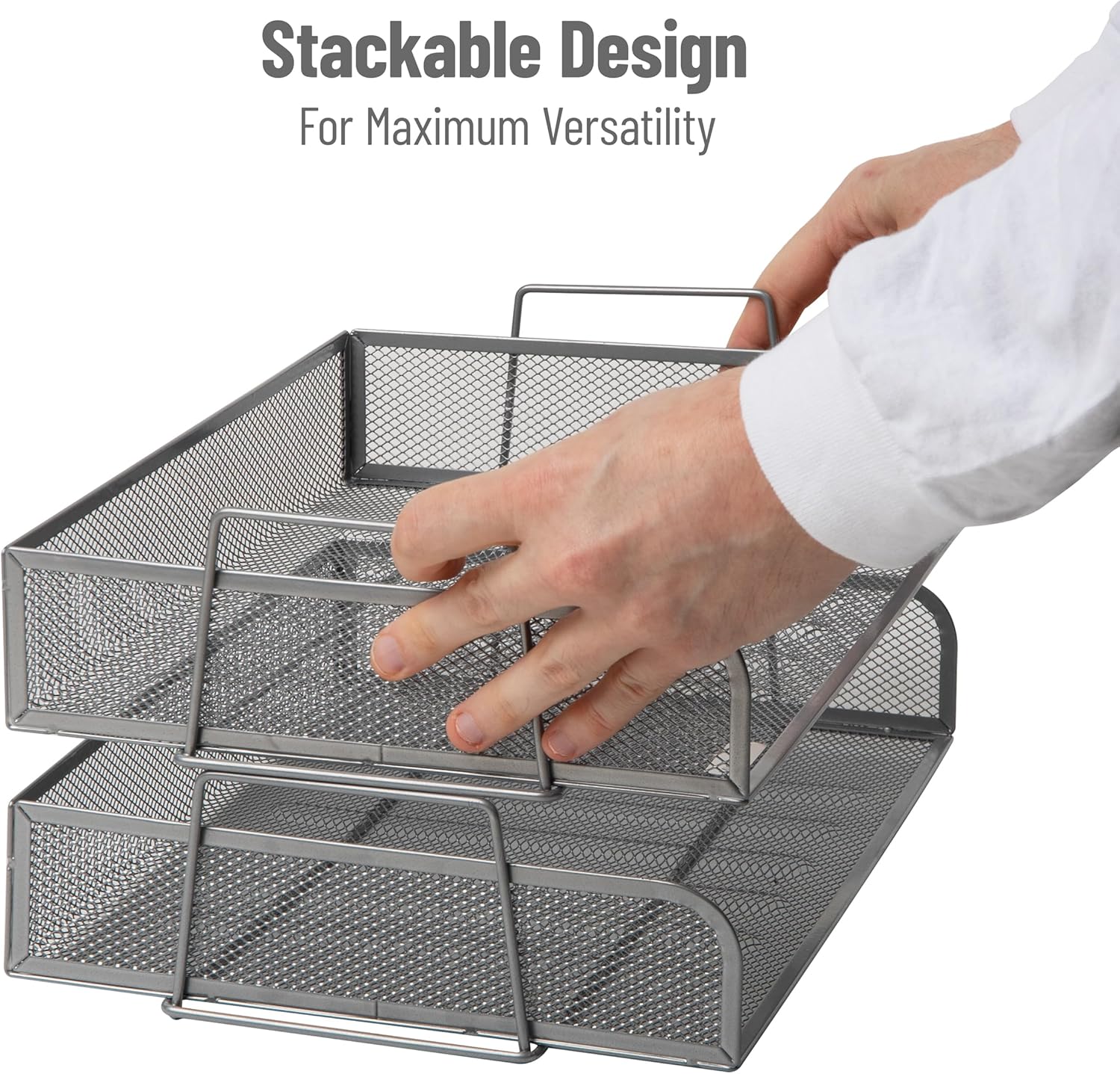 Mind Reader Stackable Paper Tray, Desktop Organizer, File Storage, Office, Metal Mesh, 13.25" L x 9.75" W x 6.25" H, 2 Pcs., Silver