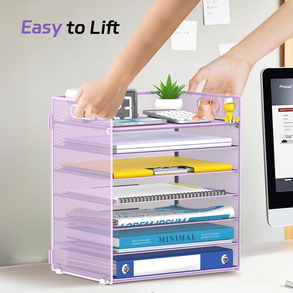 7 Tier Paper Organizer - Mesh Desktop File Holder with Handles for Office School Desk, Black (Purple)