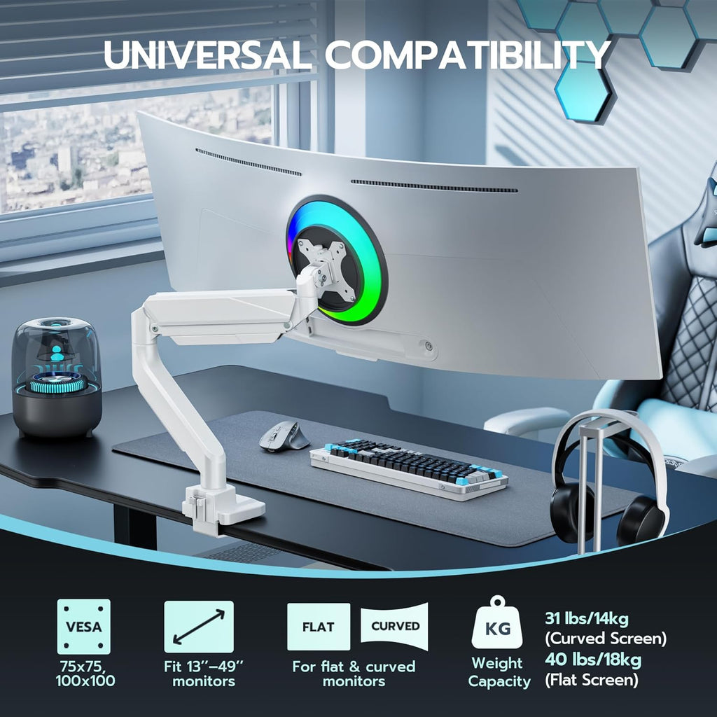 ARES WING Ultrawide Monitor Arm, Heavy Duty Single Monitor Mount for 13"-49" Curved Screens, Adjustable Stand for Desk with C-clamp & Grommet Base up to 40 LBS, White