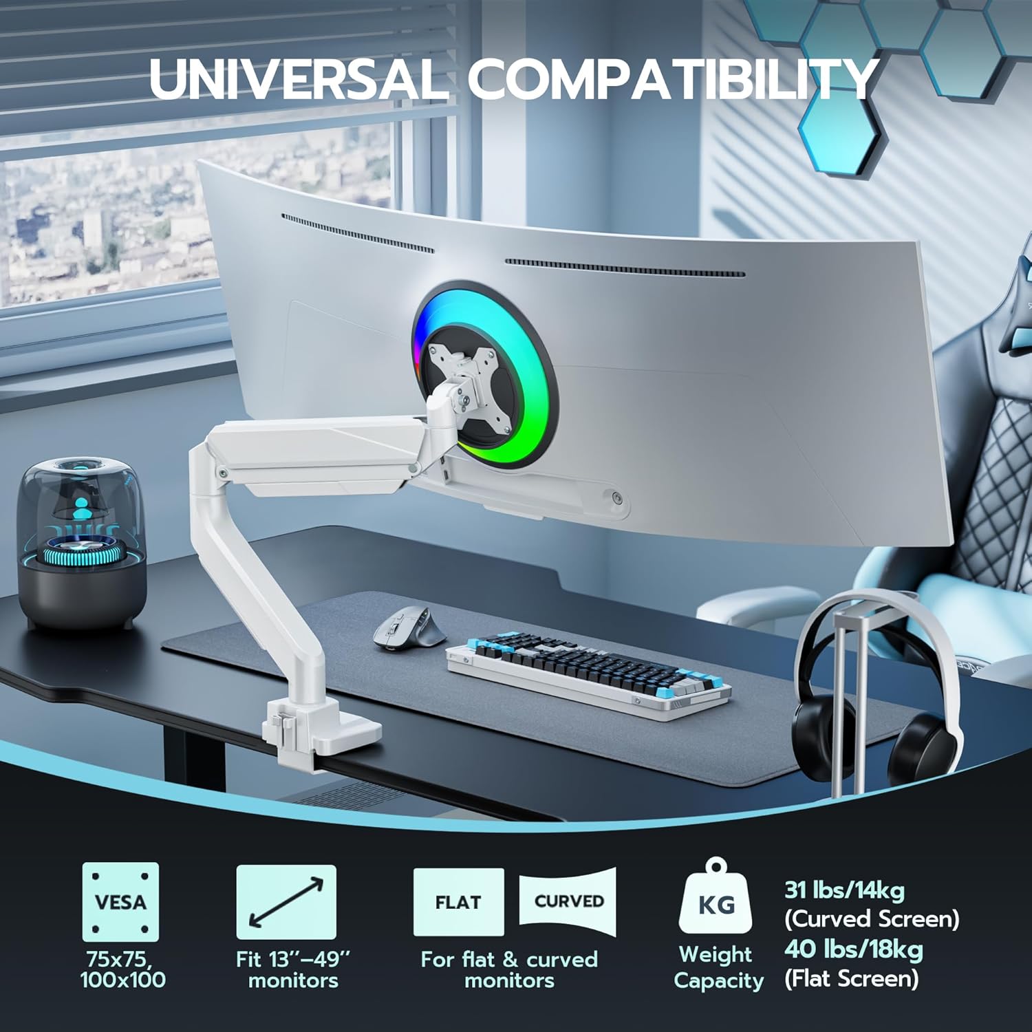 ARES WING Ultrawide Monitor Arm, Heavy Duty Single Monitor Mount for 13"-49" Curved Screens, Adjustable Stand for Desk with C-clamp & Grommet Base up to 40 LBS, White