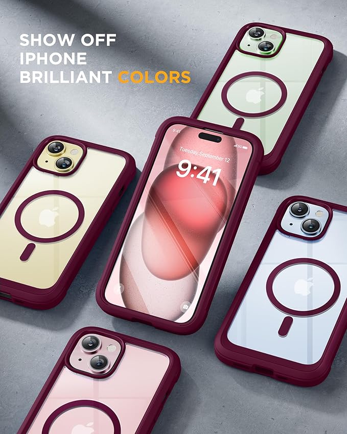 Miracase Glass Series for iPhone 15 Case [Compatible with MagSafe] Full-Body Magnetic Case with Built-in 9H Tempered Glass Anti-Fingerprint Screen Protector + Camera Lens Protector, Wine Red