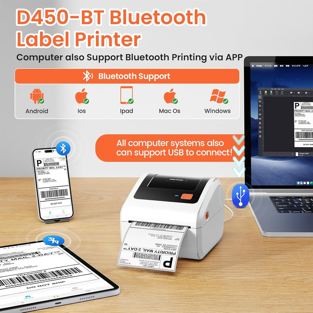 Bluetooth Thermal Shipping Label Printer - D450BT Thermal Label Printer 4x6 for Small Business & Shipping Packages, Compatible with iPhone, Android, iPad, Windows, macOS, USPS, Amazon, Tiktok
