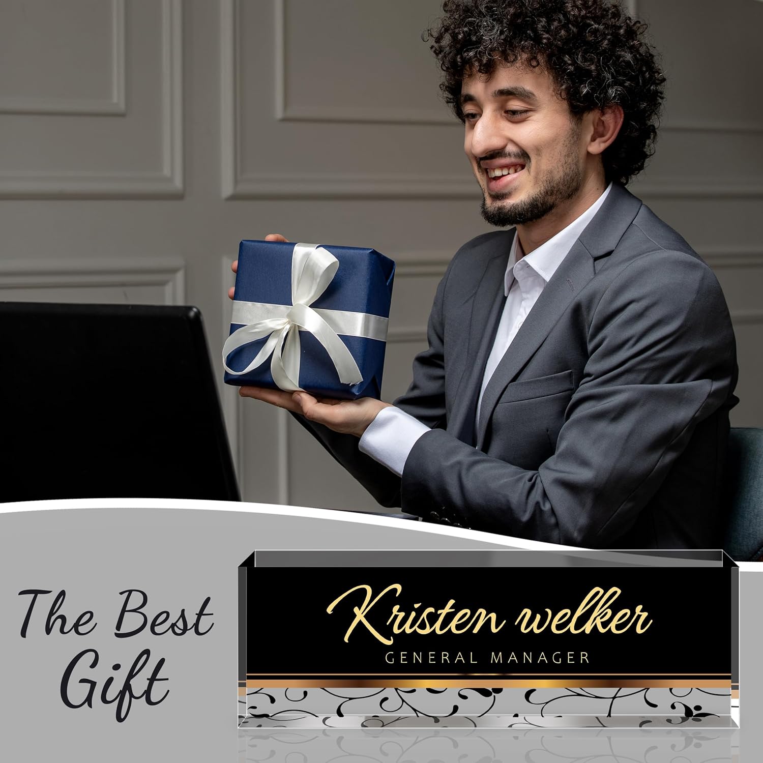 Personalized Name Plate for Desk - Custom Engraved Name Plates for Man - Boss Day Gifts for Boss - Acrylic Office Decor Appreciation Gifts for Teacher Nurse Coworker Social Worker (Black)