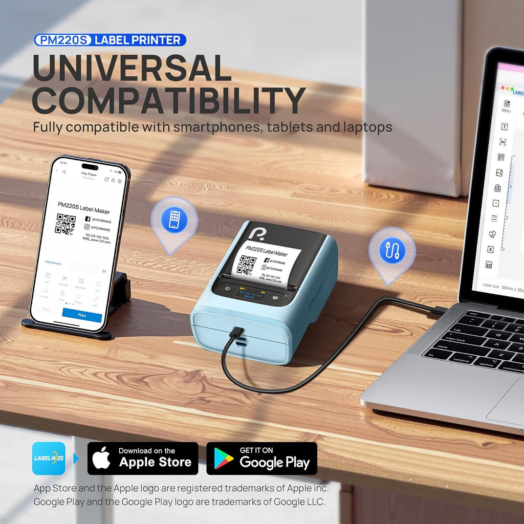 POLONO PM220S Label Maker Machine with Tape, 2 Inch Bluetooth Thermal Label Printer, Portable Sticker Printer for School, Office, Home, Business, Label Maker with 2'' x1.18'' Labels, Blue