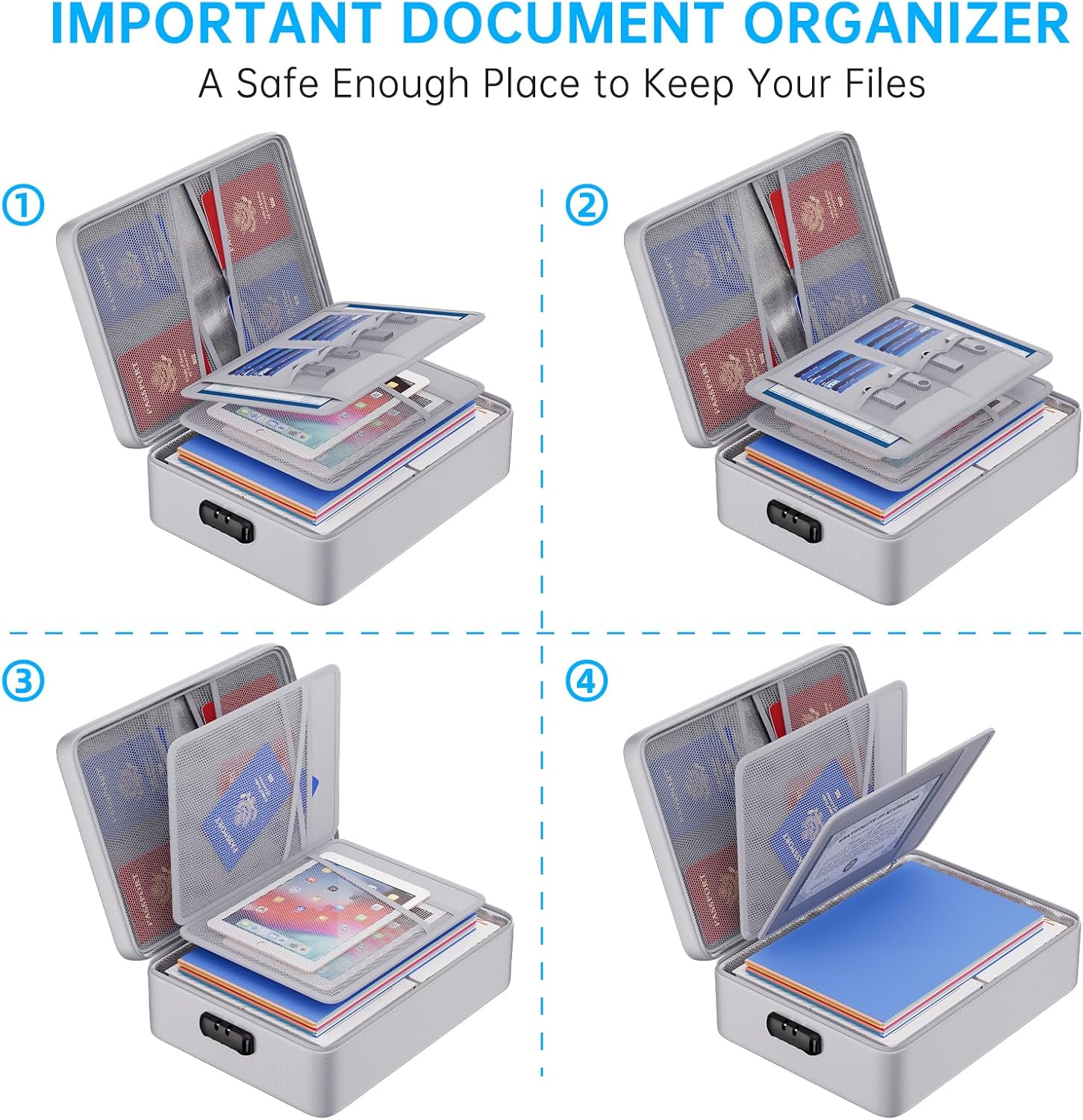 ENGPOW 5200°F Fireproof Document Bag with Lock, Upgraded Heat Insulated Fireproof＆Waterproof Box 8 Layers Document Organizer, Portable Home Travel Safe Storage Box for Important Files, Laptop, Silver