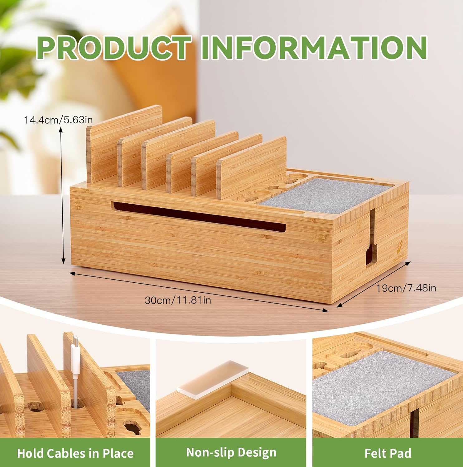 Pezin & Hulin Bamboo Charging Station, Electronic Devices Organizer for Multiple Devices Charger Such As Cell Phone, Tablet, Watch and More, Natural, (No USB Charger and Cables)