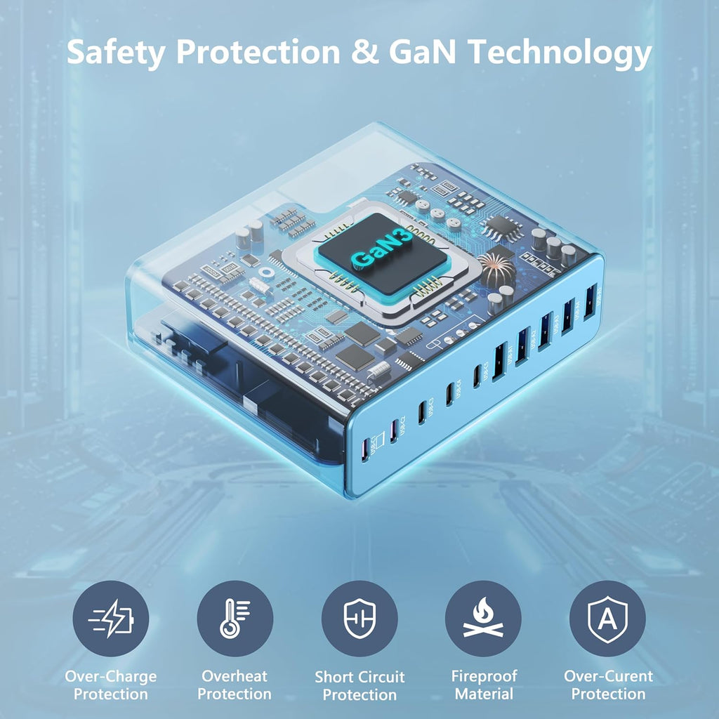 320W USB C Charger Block, 10-Port USB C Charging Station GaN III PD 65W PC Laptop Fast Charger Adapter for MacBook Pro/Air, DELL, iPad, iPhone, Samsung Galaxy (Light Blue)