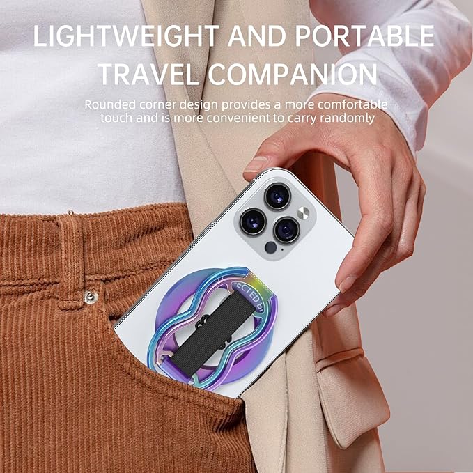 Magnetic-Phone-Grip-Stand-with-Finger-Strap, 4-in-1 Magnetic Ring Holder, Kickstand and Elastic Strap for Smartphones, Universal Fit for iPhone, Android, and Cases (Colorful)