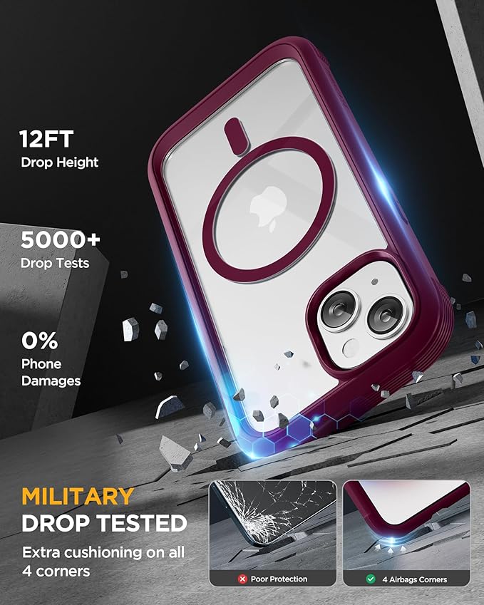 Miracase Glass Series for iPhone 15 Case [Compatible with MagSafe] Full-Body Magnetic Case with Built-in 9H Tempered Glass Anti-Fingerprint Screen Protector + Camera Lens Protector, Wine Red