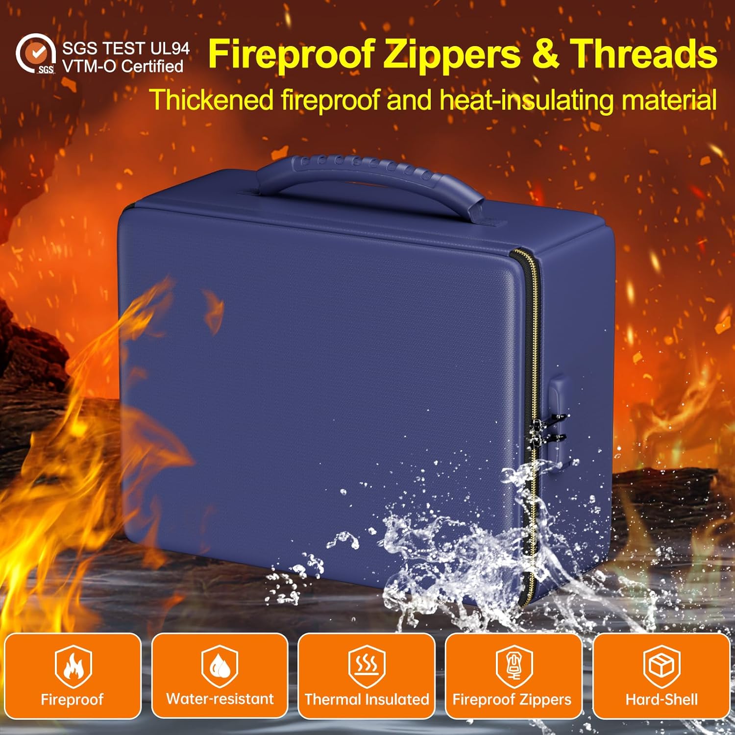 ENGPOW Fireproof Document Box, Hard Fireproof Box with Fireproof Zipper＆Lock, 6400°F Heat Insulated Fireproof Water Resistant File Organizer Storage Box Safe for Important Documents,Valuable,Blue