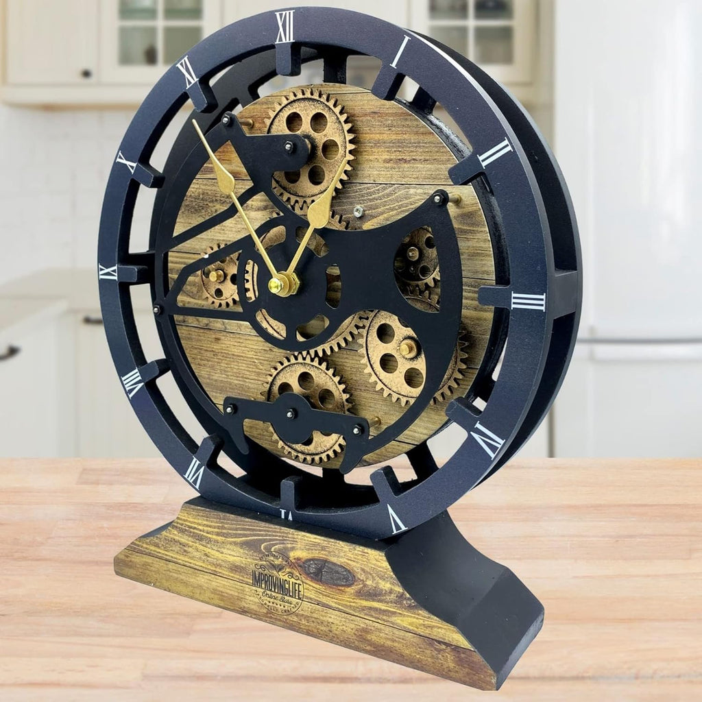 The Gears Clock Desk Clock 10 inches with Real Moving Gears Convertible into Wall Clock (Gold Antique)