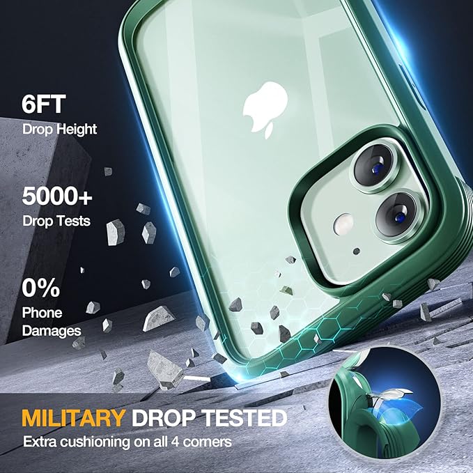 Miracase Glass Series for iPhone 12/12 Pro Case 6.1 inch, Upgraded Full-Body Rugged Phone Bumper Case Cover with Built-in 9H Tempered Glass Screen Protector and Camera Protector, Green