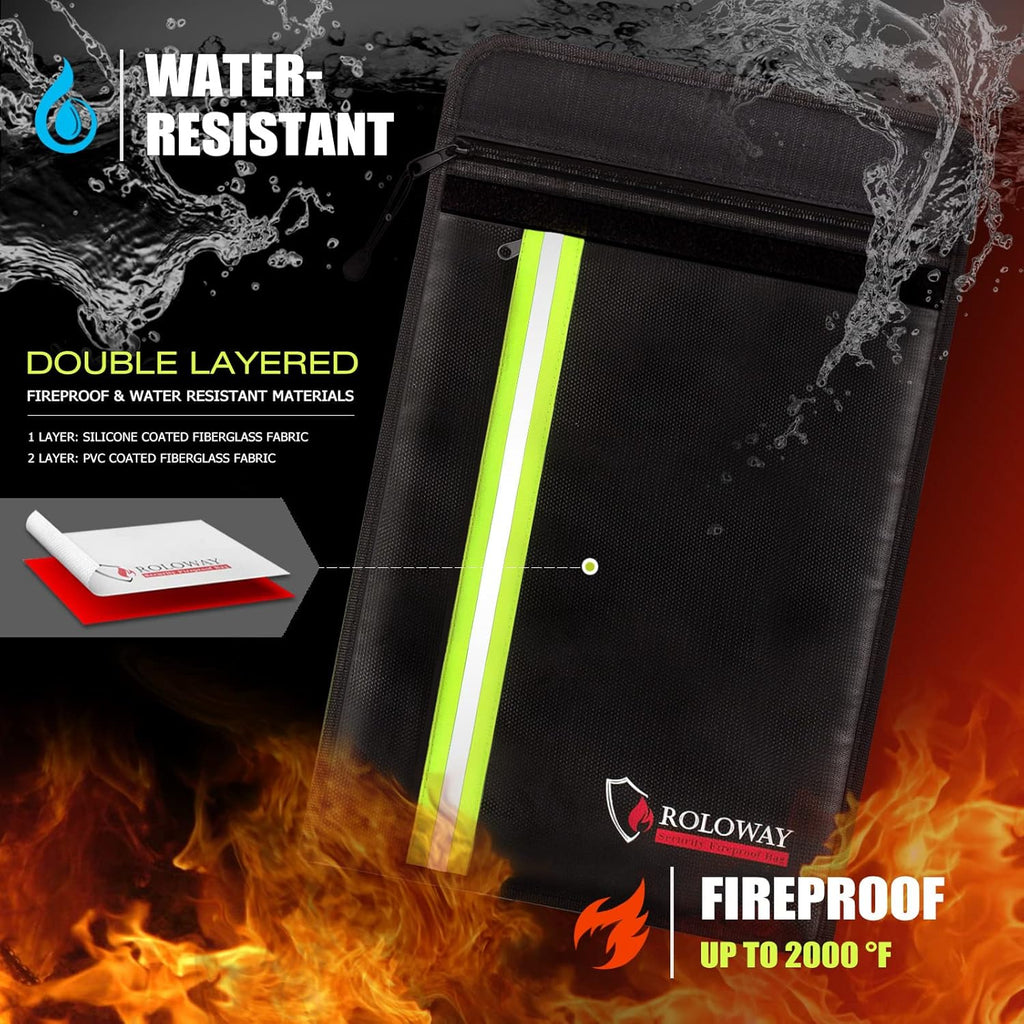 ROLOWAY Fireproof Envelope for Cash, Legal Documents Safe (15 x 11 inch) with 2 Pockets & Waterproof Zipper, Black