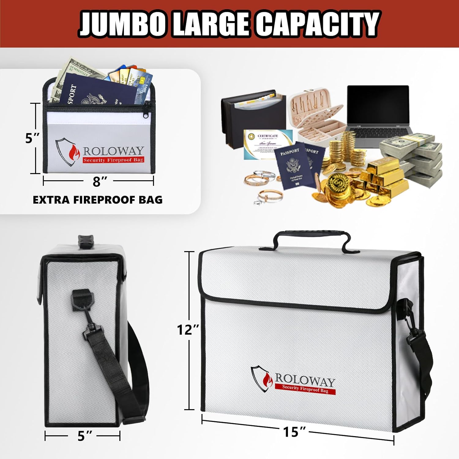 ROLOWAY Fireproof Document Bag 5200°F Heat Insulated (15 x 12 x 5 inches), Fireproof Bag with Fireproof Money Bag for Cash Safe, Fireproof Document Box, Fireproof Safe Bag for Document Safe