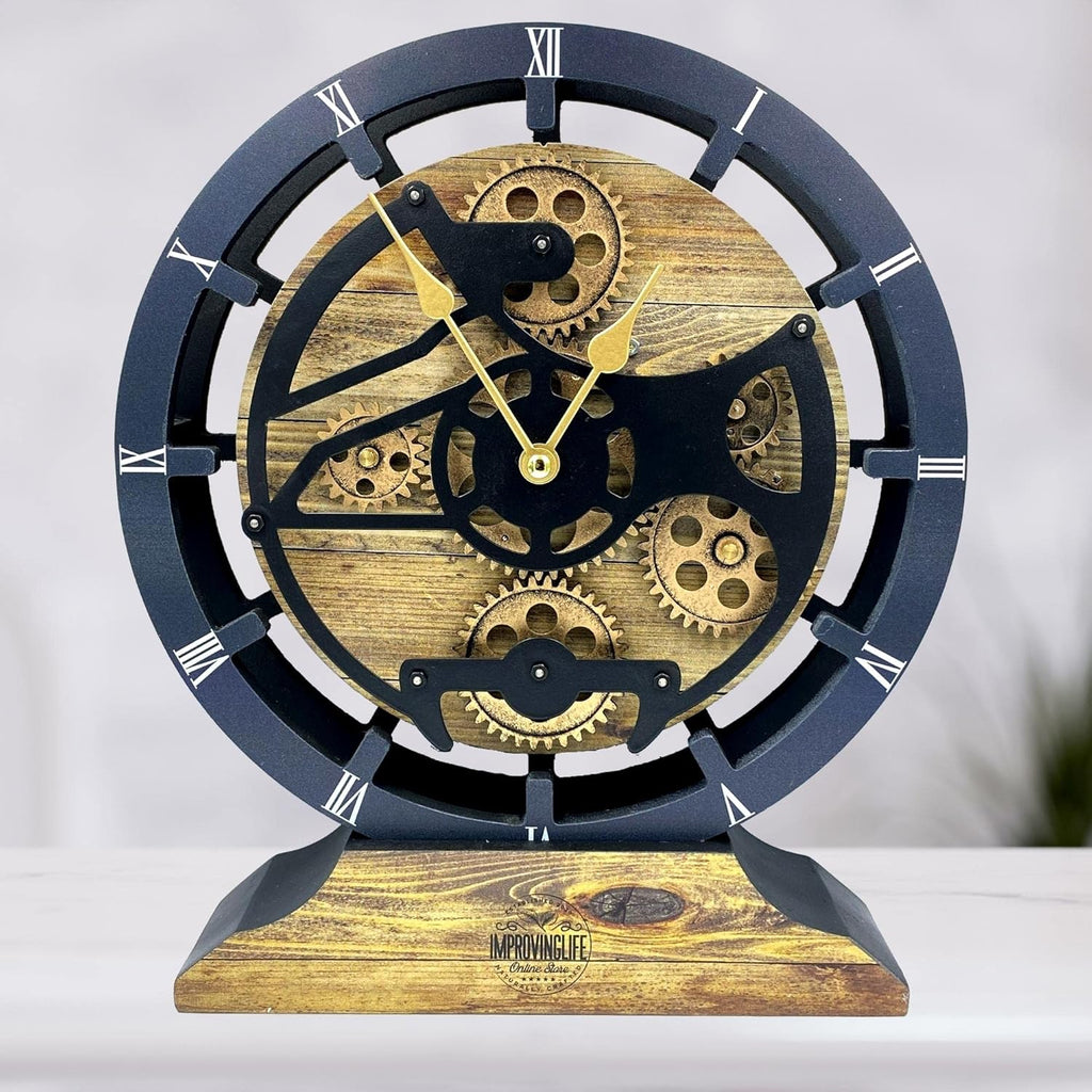 The Gears Clock Desk Clock 10 inches with Real Moving Gears Convertible into Wall Clock (Gold Antique)