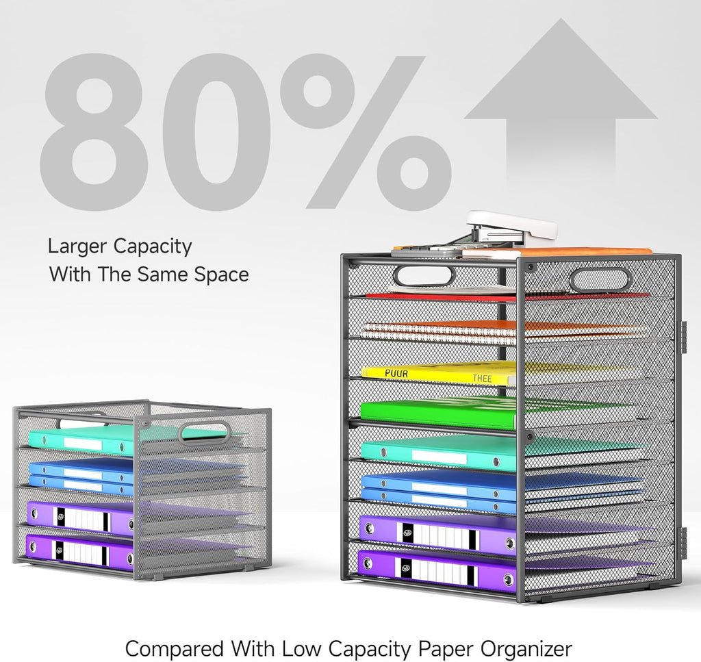9 Tier Paper Organizer with Handle, Large Capacity Desk Organizer Mesh Paper Letter Tray File Folder Document Sorter for Classroom and Office Accessories Organization- Grey (2 Pack)
