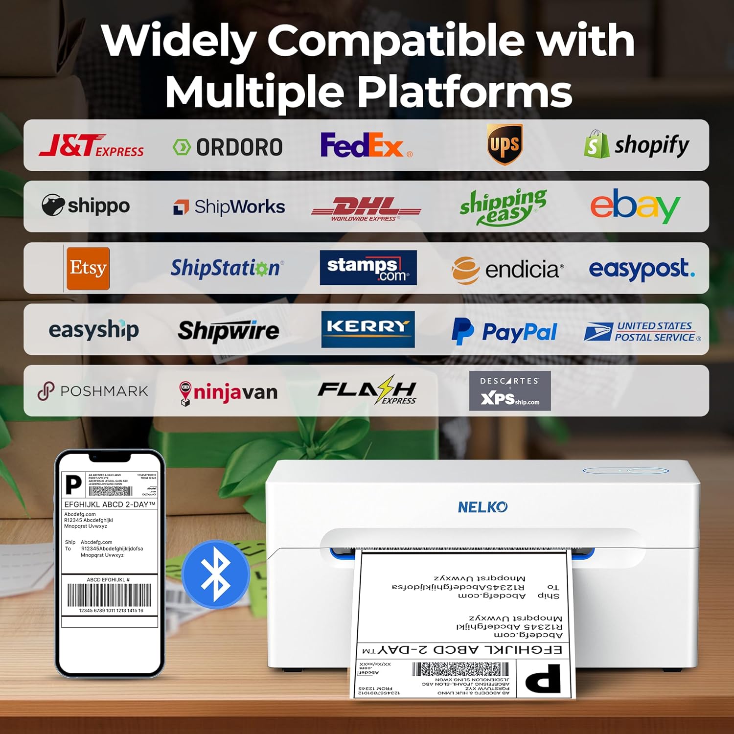 Nelko Bluetooth Thermal Shipping Label Printer, Wireless 4x6 Shipping Label Printer for Small Business, Support Android, iPhone and Windows, Widely Used for Amazon, Ebay, Shopify, Etsy(White)