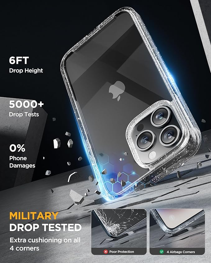 Miracase Glass Series for iPhone 15 Pro Max Case 6.7 Inch, Full-Body Drop Proof Phone Case for iPhone 15 Pro Max with Built-in 9H Tempered Glass Screen Protector + Camera Protector, Clear Glitter
