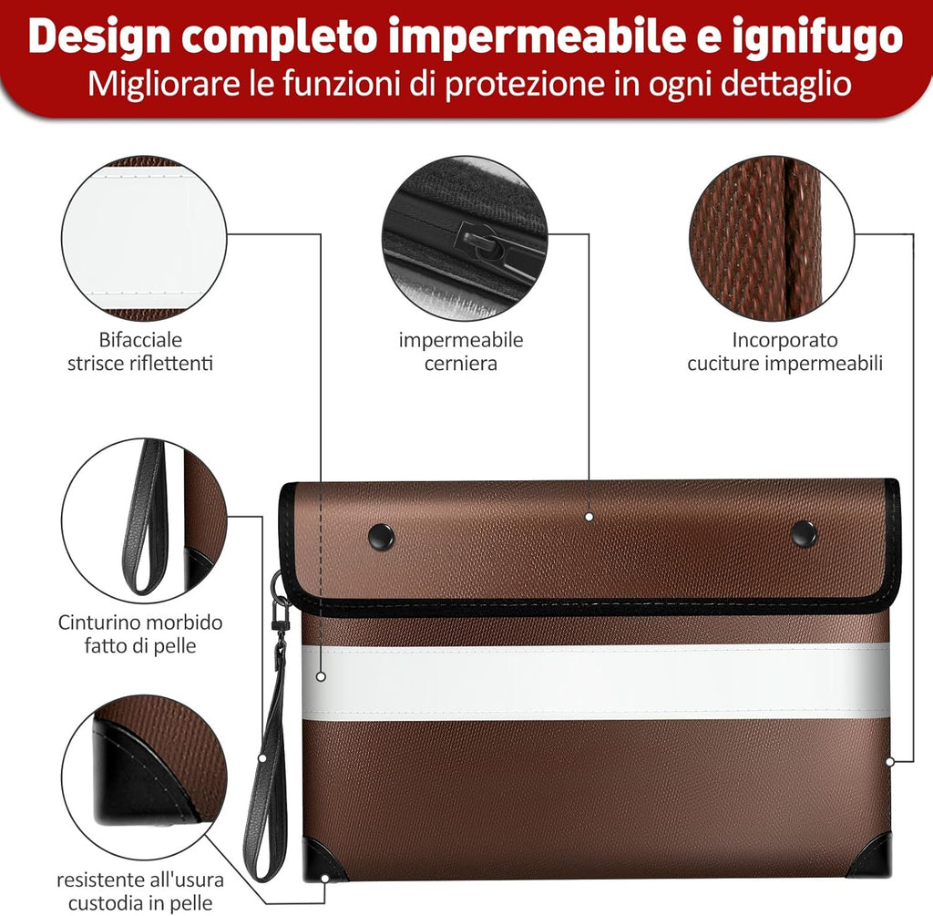 Vailoin 6200℉ Insulated Fireproof Money Bag for Cash with Waterproof Zipper,Small Fireproof Pouch,Fire Proof Money Bag for Important Documents,Valuables (11"x7.7",Brown)