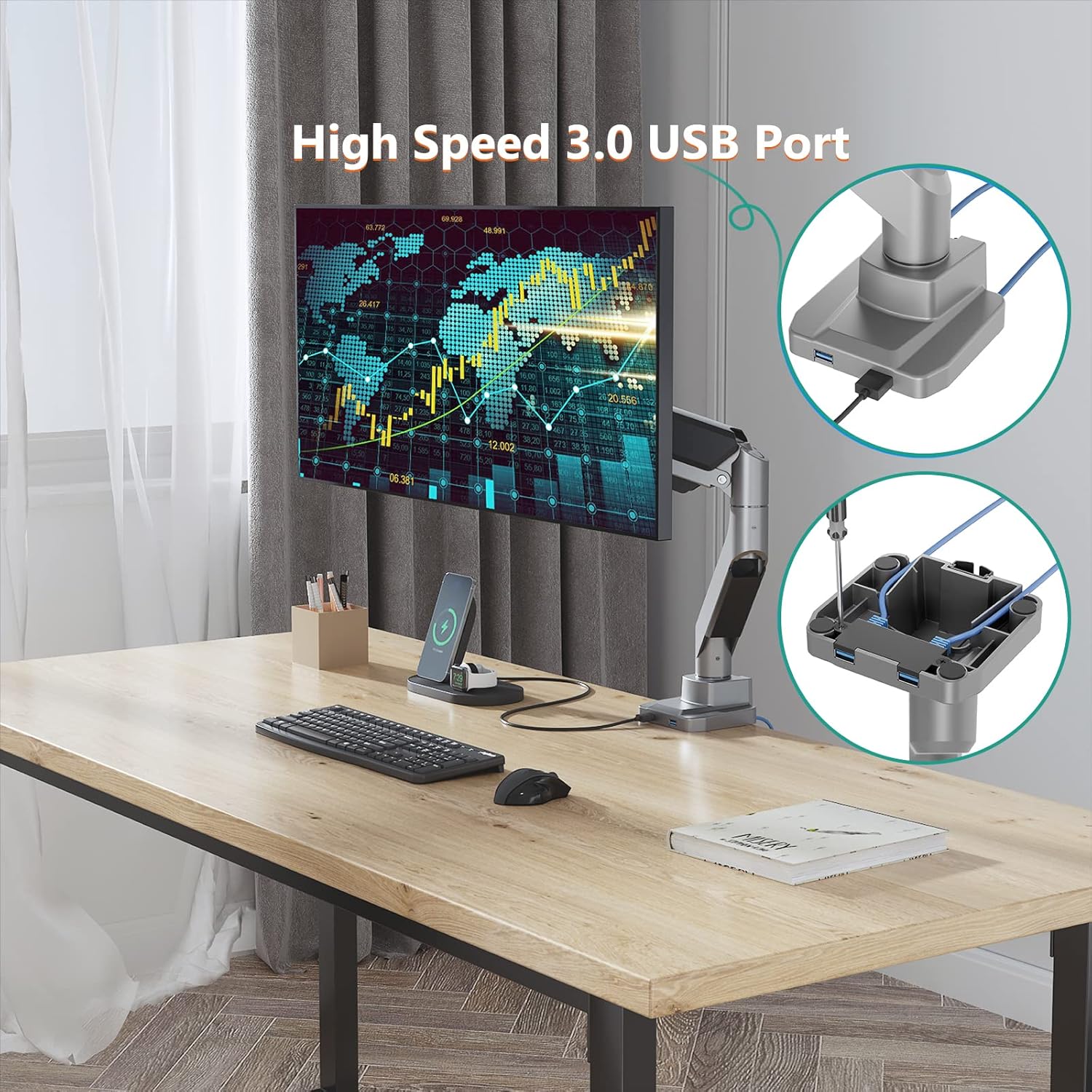 WALI Ultrawide Monitor Arm for 13 to 49 Inch Heavy Duty Curved Screens, Adjustable Gas Spring Single Monitor Desk Mount with 2 USB 3.0 Ports, Holds 33 lbs, 75x75/100x100 VESA, Silver (GSMU001)