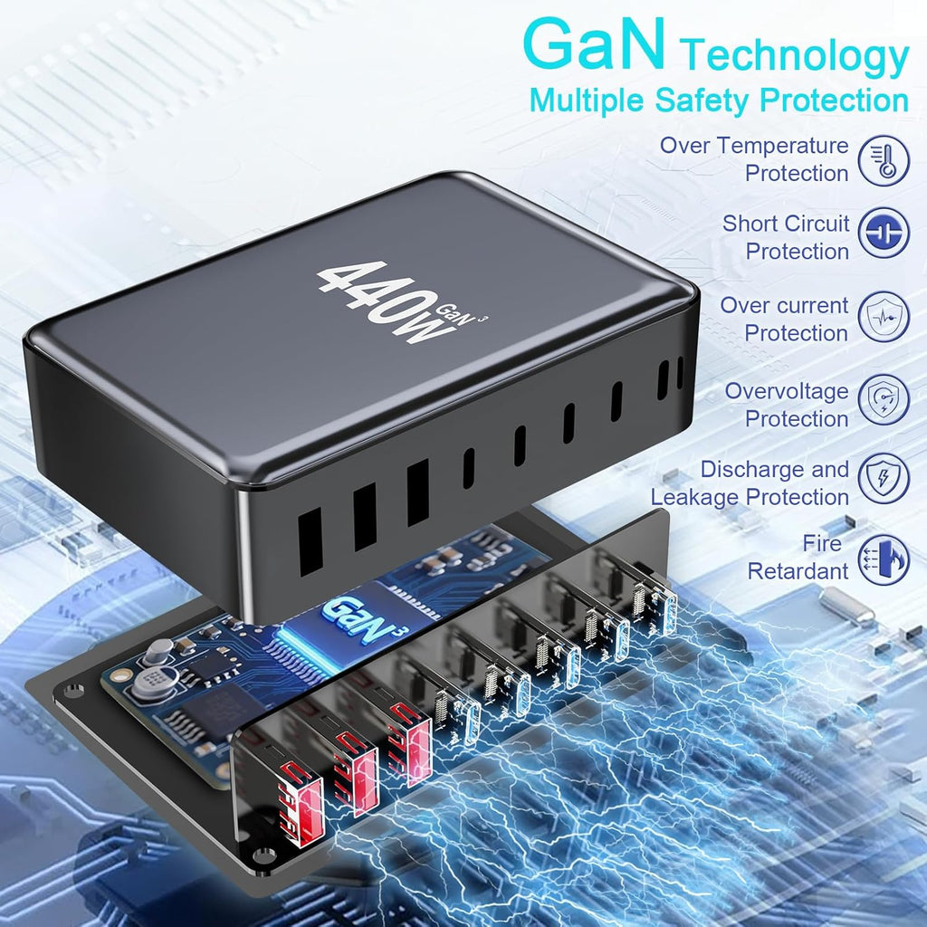 440W USB C Charger Block, 8-Port Fast USB Charging Station Dual PD 100W GaN Ⅲ Pro Charging Station For Multiple Devices, Laptop Charger Adapter Compatible with MacBook, DELL, iPad, iPhone, Samsung etc
